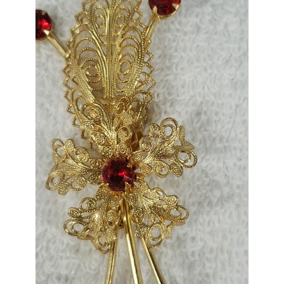 Vintage Gold Filigree Flower Pin Brooch Red Faux Ruby Stones Beautiful 3.5" - Picture 6 of 14